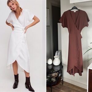 New Aritzia Wilfred Madalene Brown Linen Wrap Midi Vacation Fall Dress Sz XS